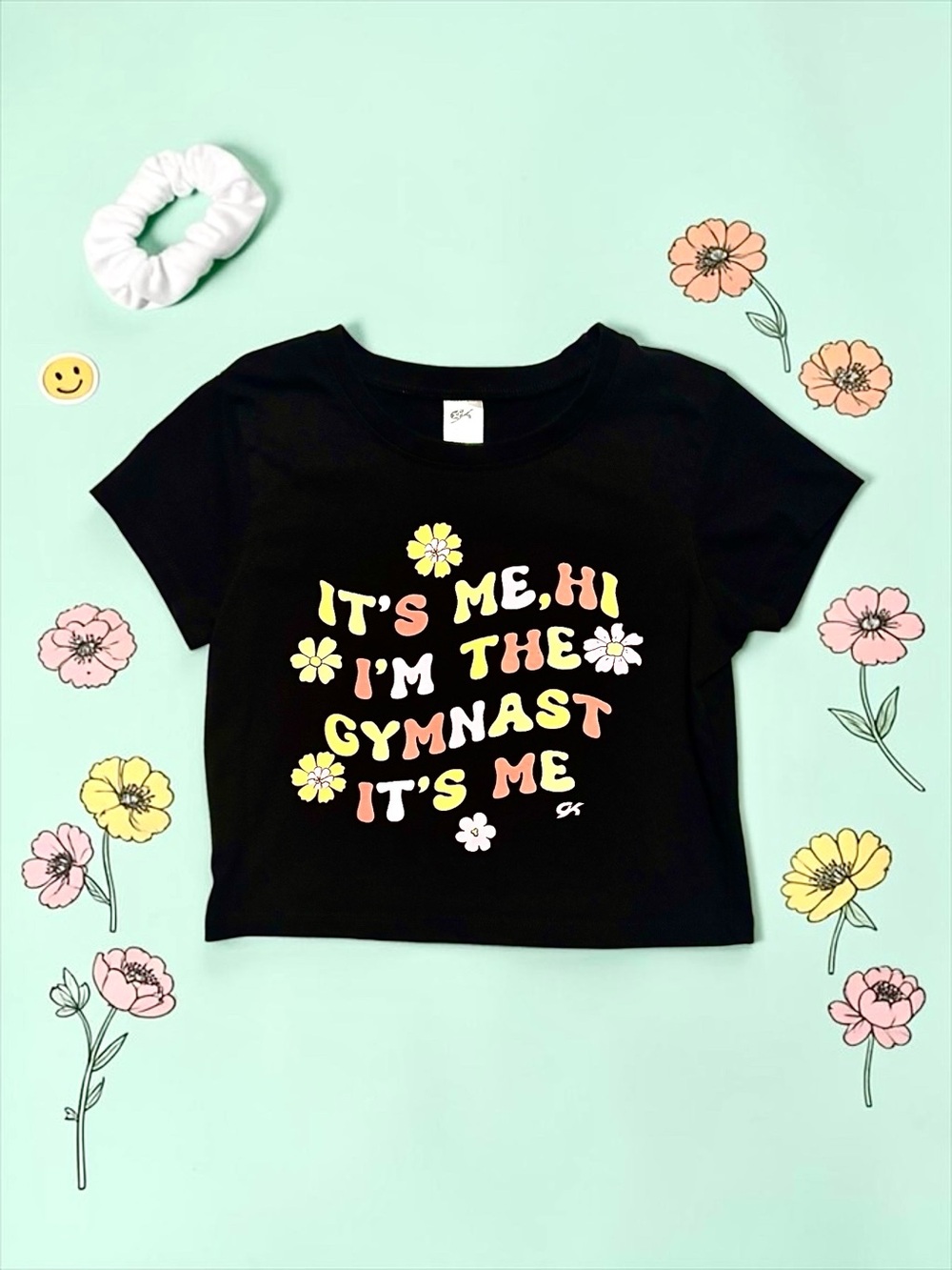 GK Elite Cropped Gymnast Tee Black Retro Flowers Child Large